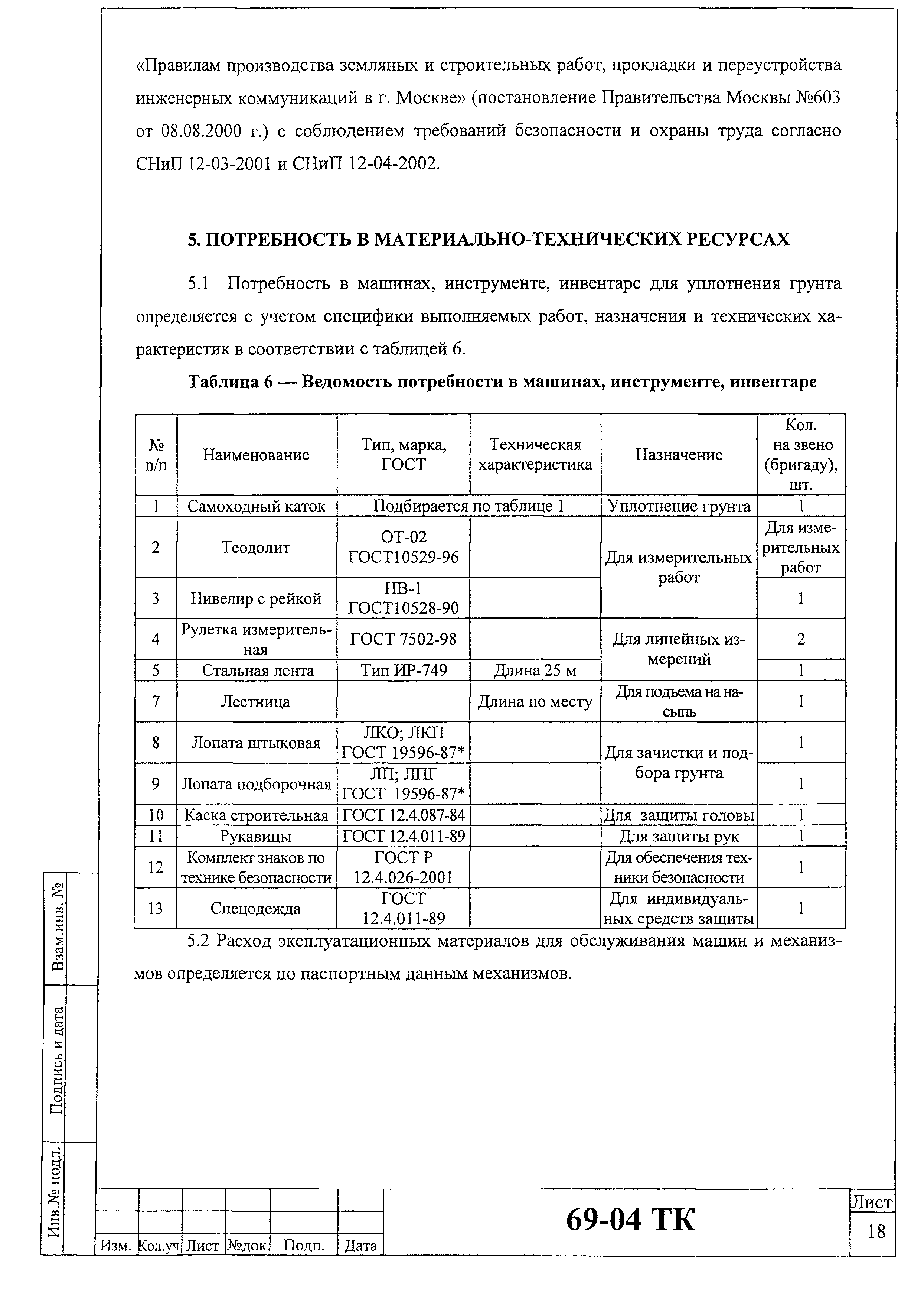 Технологическая карта 69-04 ТК